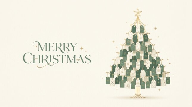 Elegant Merry Christmas tree made of gift tags and festive ornaments