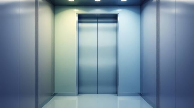 Modern stainless steel elevator interior with closed doors and sleek lighting