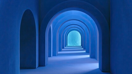 Naklejka premium Endless blue arched hallway with soft glow at the end