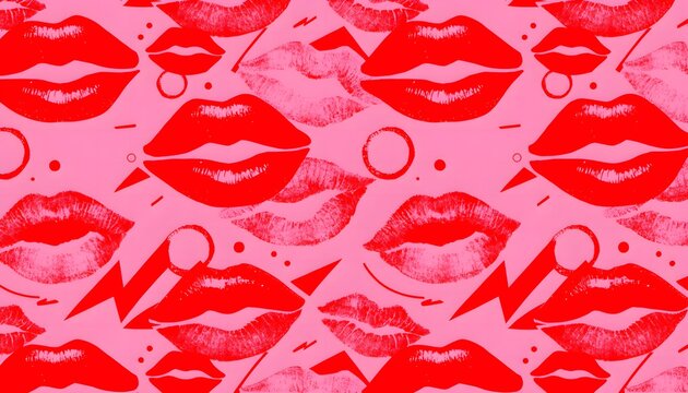 Romantic pop art lip print and kiss mark pattern in vibrant red and pink duotone, ideal for Valentine's Day party backdrop, love greeting card, and gift wrap.