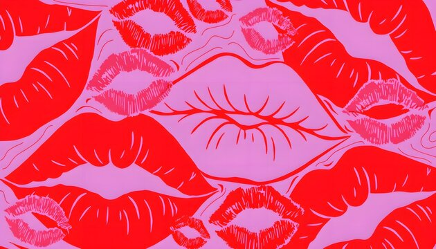 Romantic pop art lip print and kiss mark pattern in vibrant red and pink duotone, ideal for Valentine's Day party backdrop, love greeting card, and gift wrap.