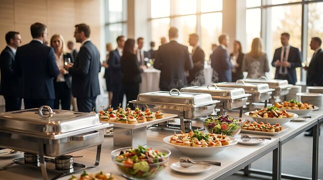 Catering food buffet service at a corporate event or conference, guests mingling in background, assortment of appetizers, salads, and main dishes in chafing dishes.