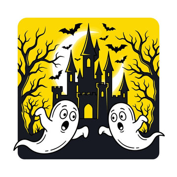 Two cute ghosts float in front of a spooky castle at night