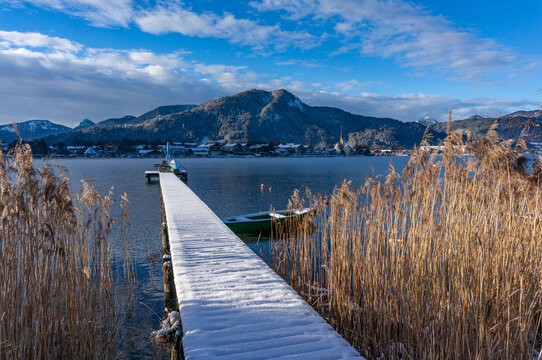 Snow-Covered Boat Dock at Lake Tegernsee in Winter, Bavaria, Germany &ndash; Tourism and Travel Concept