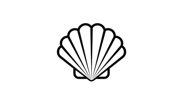 Simple black and white outline illustration of a classic scallop seashell isolated on a clean white background.