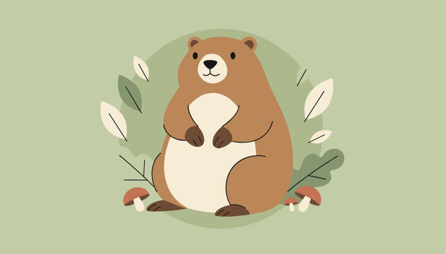 Cute cartoon illustration of a friendly woodchuck or marmot sitting among forest leaves and mushrooms on a green background.