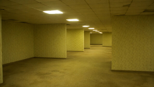 Abandoned liminal interior with eerie atmosphere, urban decay, and unsettling analog horror mood.