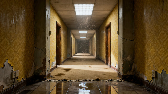 Abandoned liminal interior with eerie atmosphere, urban decay, and unsettling analog horror mood.