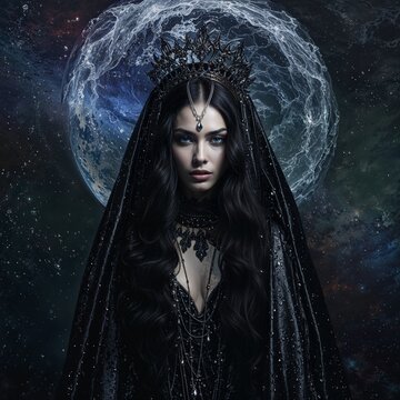 Dark gothic witch queen with black veil under full moon, fantasy portrait, generative AI art