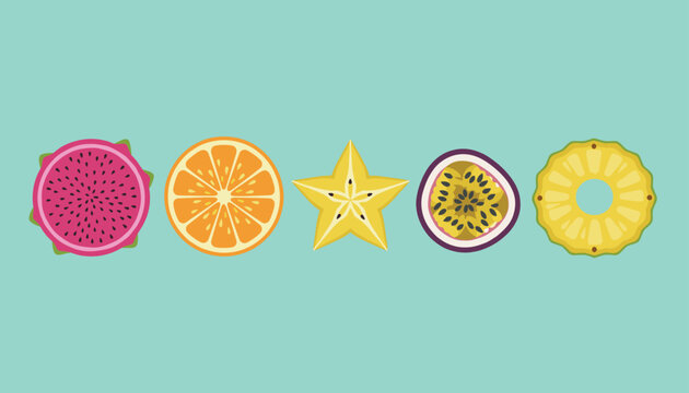 Colorful set of tropical fruit slices including dragon fruit, orange, starfruit, passionfruit, and pineapple on a turquoise background.