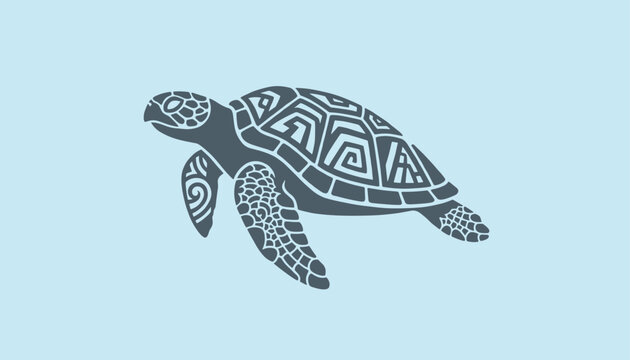 Stylized sea turtle graphic featuring traditional tribal patterns on its shell and flippers on a light blue background.