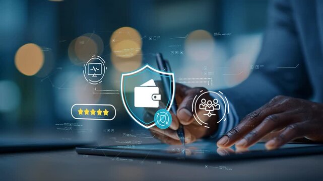 Black businessman in modern office promoting financial inclusion through accessible digital banking services, secure payment solutions and modern fintech platforms