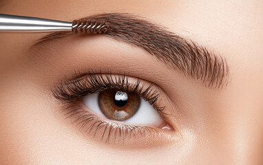 Naklejka premium Young woman correcting eyebrow shape with brush, closeup