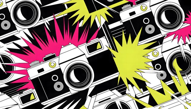 Dynamic pop art camera flash explosion pattern in black white and neon color, ideal for comic book backdrop, retro event poster, and bold graphic design.