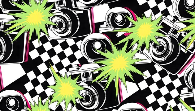 Dynamic pop art camera flash explosion pattern in black white and neon color, ideal for comic book backdrop, retro event poster, and bold graphic design.