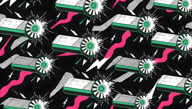 Dynamic pop art camera flash explosion pattern in black white and neon color, ideal for comic book backdrop, retro event poster, and bold graphic design.