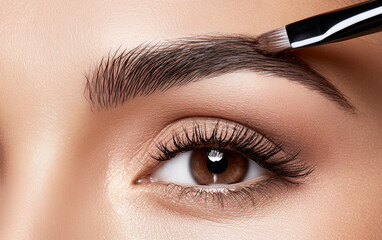 Naklejka premium Young woman correcting eyebrow shape with brush, closeup