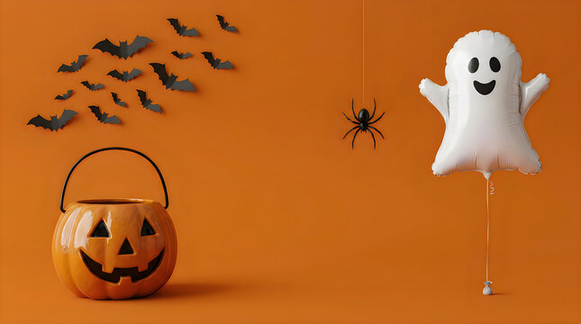 Halloween-themed jack o lantern, ghost balloon, bats and spider decoration set