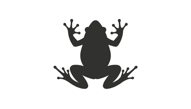 Top down black silhouette of a frog showing spread legs and webbed toes isolated on a clean white background illustration.