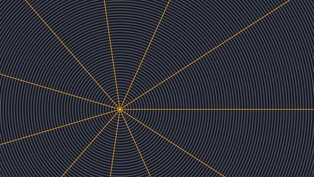 Abstract yellow polar coordinate system grid background with concentric circles and radial lines on dark blue base creating technical design layout