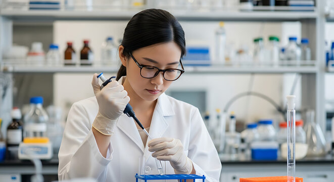 A scientist in a lab coat uses a pipette to transfer liquid into a test tube.