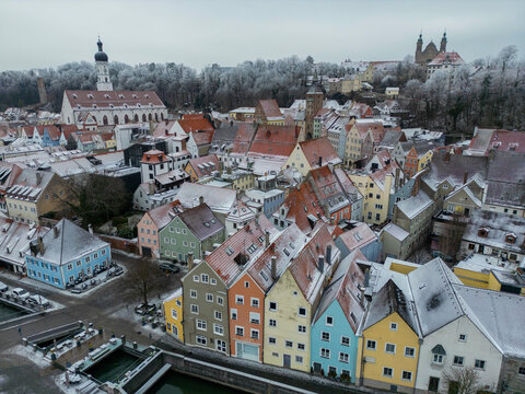 Winter Aerial View of the Historic Old Town of Landsberg am Lech, Bavaria, Germany &ndash; Travel Concept