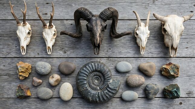 Collection of animal skulls, seashells, and mineral rocks on weathered wooden background, museum natural history scientific display of artifacts for study and education.