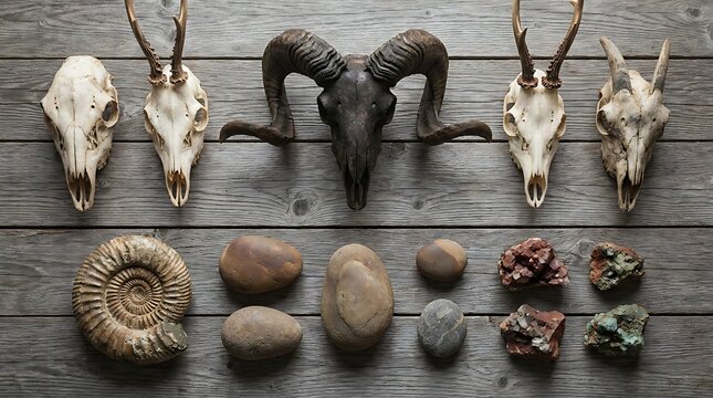 Collection of animal skulls, seashells, and mineral rocks on weathered wooden background, museum natural history scientific display of artifacts for study and education.