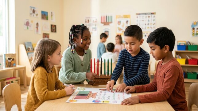 Children learning about Kwanzaa traditions and principles in a classroom setting