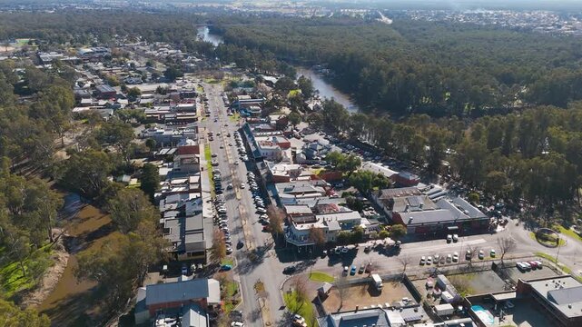 Echuca Victoria Australia, Cinematic Aerial View of the CBD and Victorian Era Streetscape