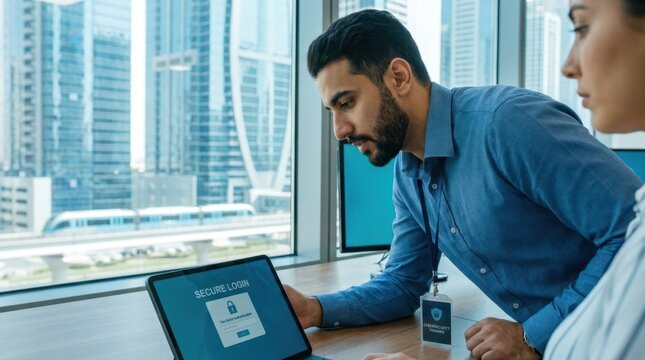 Two professionals reviewing secure login screen on tablet in modern office with city view