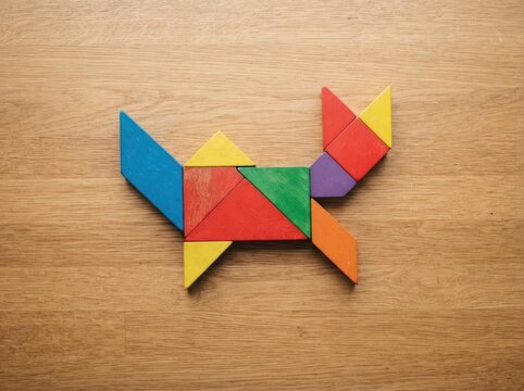 A colorful tangram cat puzzle made of wooden pieces is arranged on a flat light brown wooden surface.