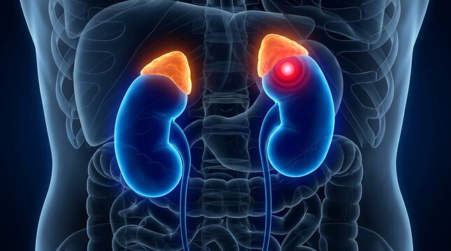 Medical illustration of human kidneys and adrenal glands, glowing orange with red highlight on left kidney indicating pain or ailment, part of body's organ system.