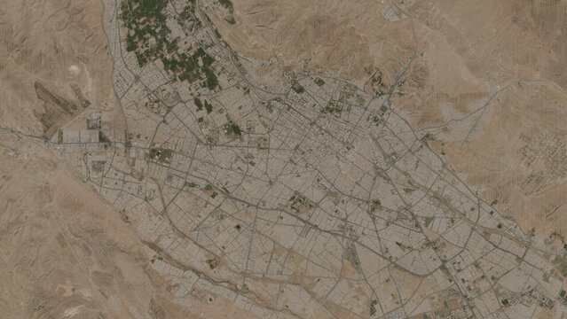 Top-down aerial 3D illustration of Shiraz, Iran