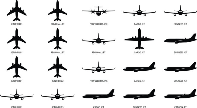 Airplane Silhouette Icon Set with Jetliner Cargo Business and Propeller Aircraft