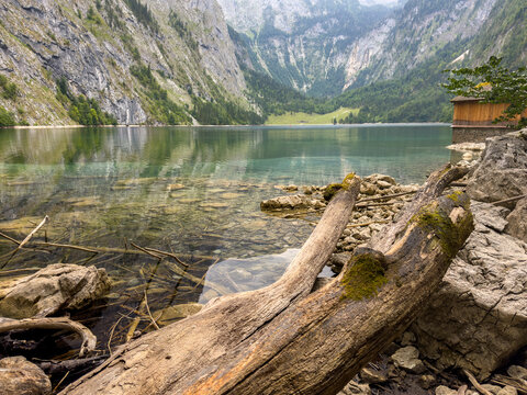 Beautiful Mountain Lake Shore in the Berchtesgaden Alps, Bavaria, Germany &ndash; Scenic Travel and Tourism Concept