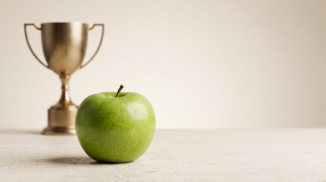 A single fresh green apple placed in front of a shiny golden trophy on a clean light background for conceptual photography