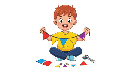 Cartoon boy making colorful paper bunting, happy child doing arts and crafts project, little boy holding handmade party flags vector illustration