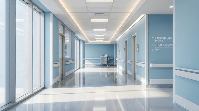 Modern hospital corridor with blue walls and polished reflective floors hospital corridor
