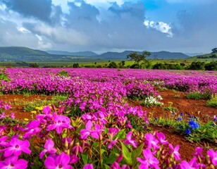 Obraz premium Kaas Plateau glowing with dense carpets of blooming flowers after monsoon rains.