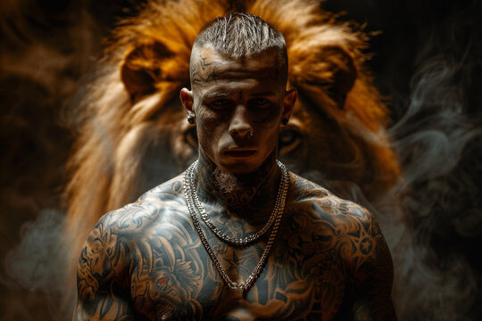Tattooed man with silver chains standing before a lion