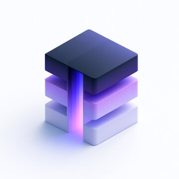 Abstract isometric block structure with glowing purple light emitting from the center core gap