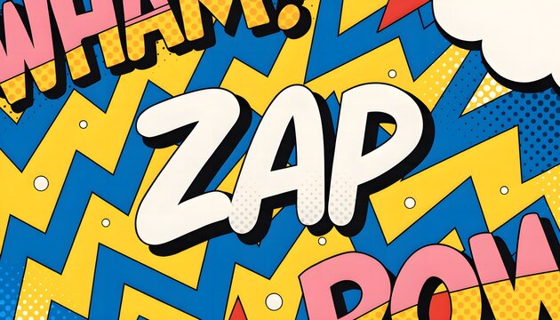 Energetic lightning bolt zigzag background with pop art comic sound typography accents, vivid backdrop for game banner, youtube thumbnail, and dynamic wallpaper.