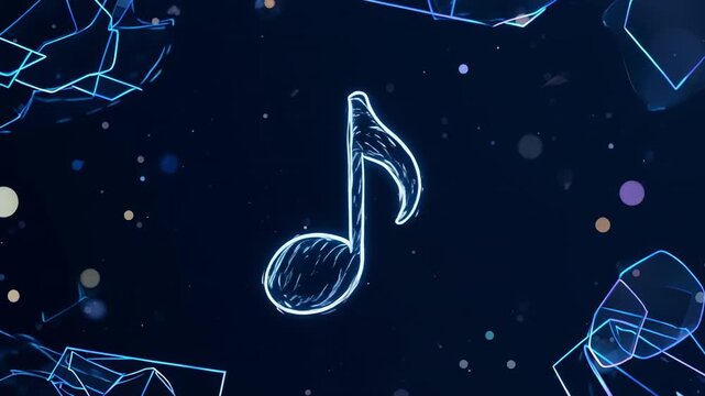 Ethereal musical notes dance in cosmic nebula with glowing particles and abstract lines during night