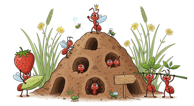 Cartoon ant colony illustration, busy red ants working at anthill, cute insect characters in garden meadow, whimsical nature vector art