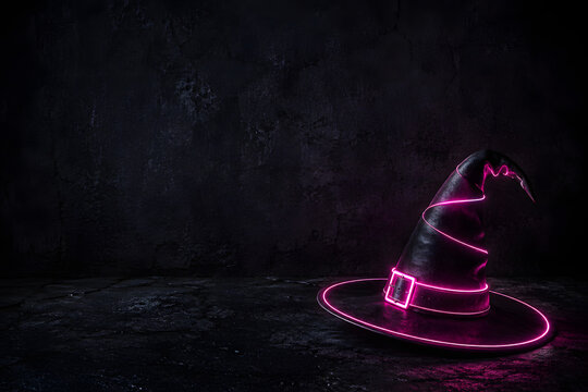 Glowing pink neon witch hat on dark background with copy space