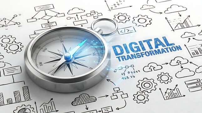 Compass with digital transformation diagram background