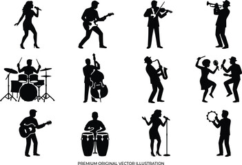 Musician Silhouette Icon Set with Singers and Instrument Performance Poses © Video Creator