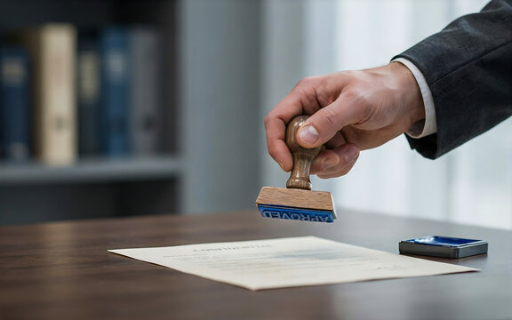Hand stamping document with blue ink during office meeting for official approval concept