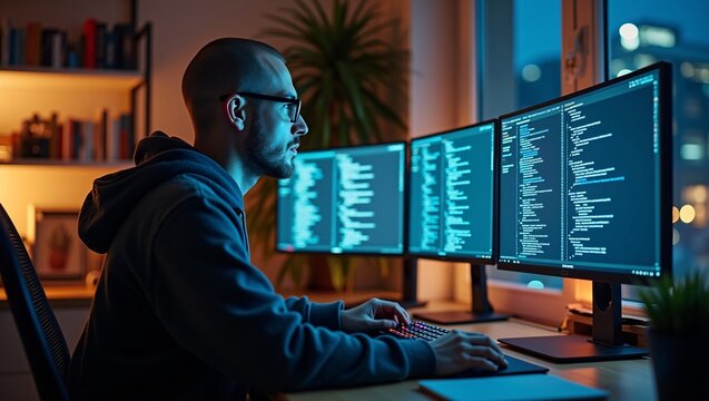 Bearded male programmer coding on triple monitors, dark hoodie, nighttime home office, cool blue screen glow, warm shelf lighting, city night window view